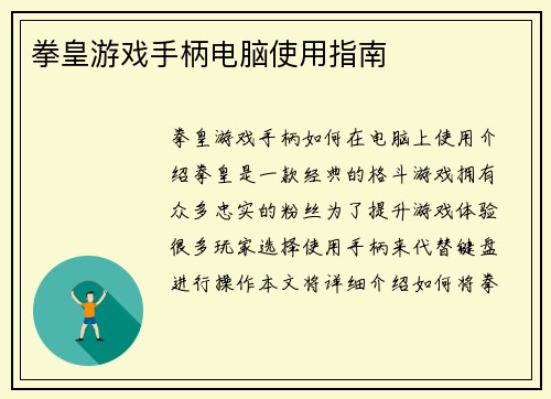 拳皇游戏手柄电脑使用指南