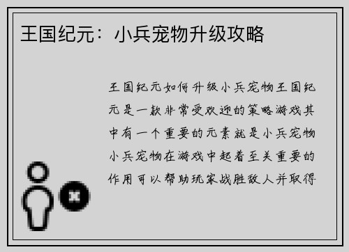 王国纪元：小兵宠物升级攻略